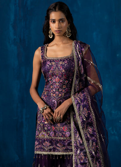 Purple Multicolor Embroidered Gharara Suit