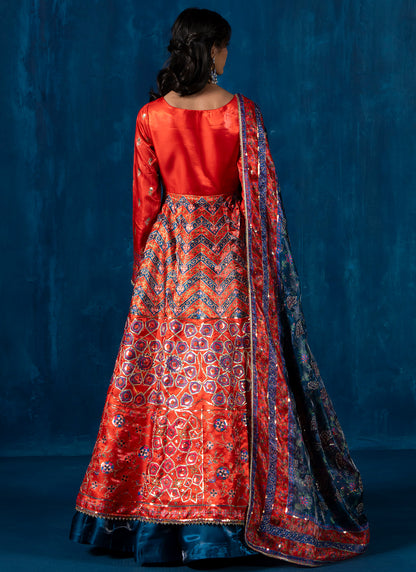 Red Multicolor Embroidered Anarkali Style Lehenga