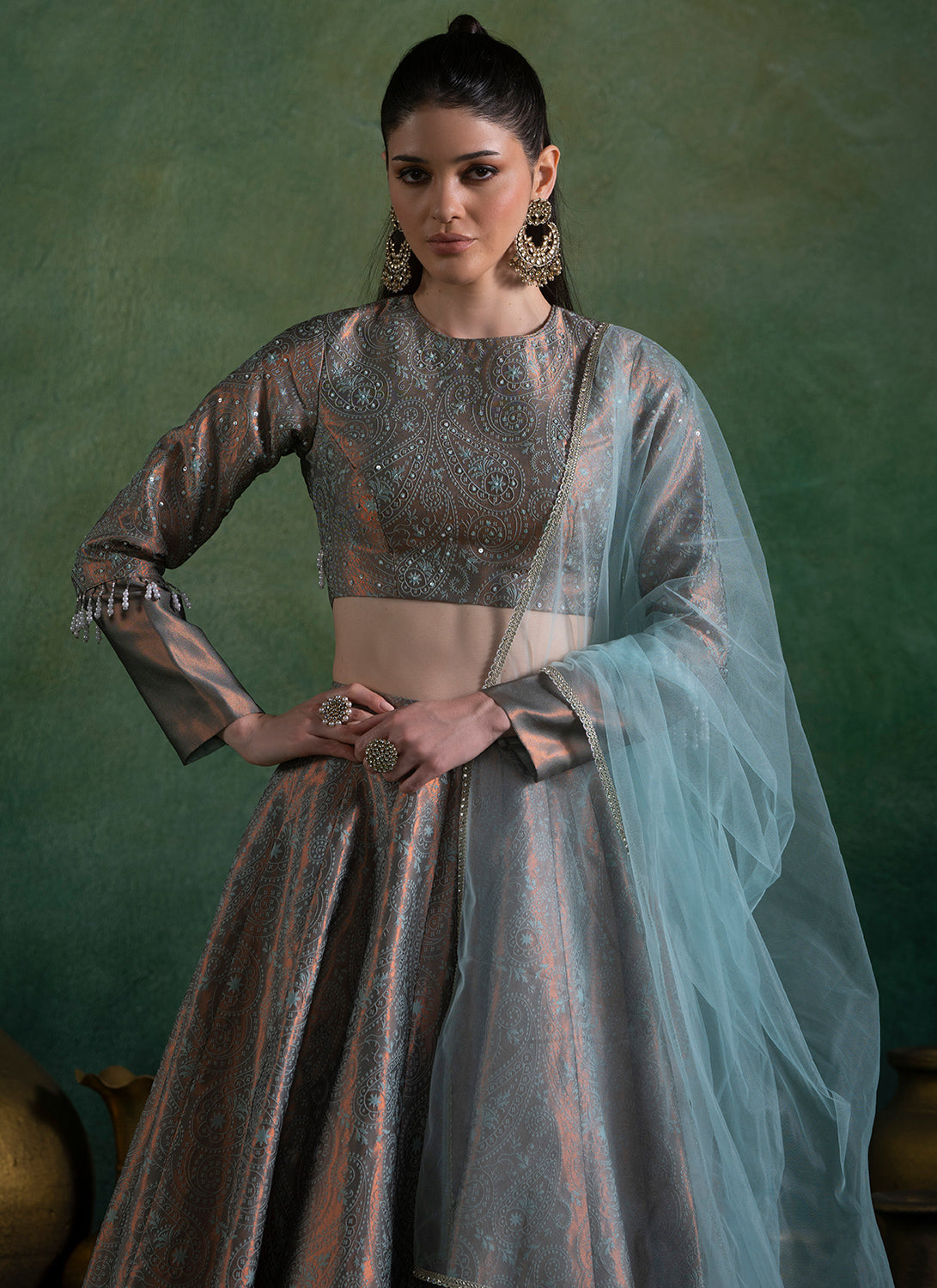 Mint Embroidered Brocade Lehenga