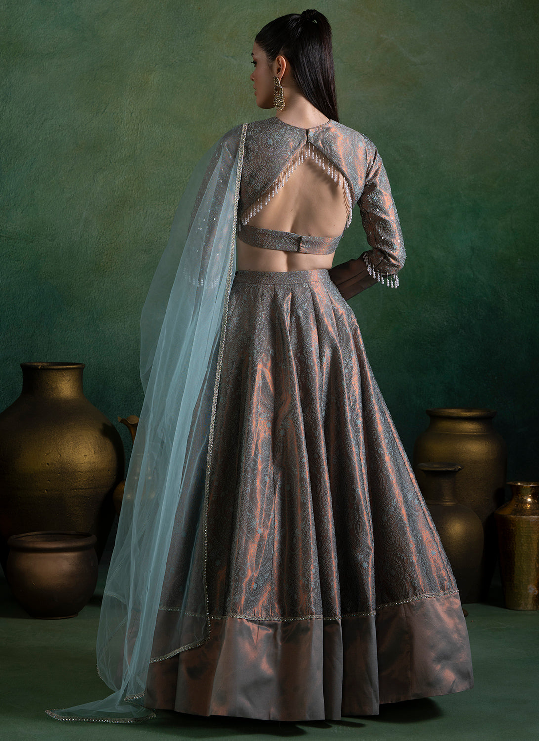 Mint Embroidered Brocade Lehenga