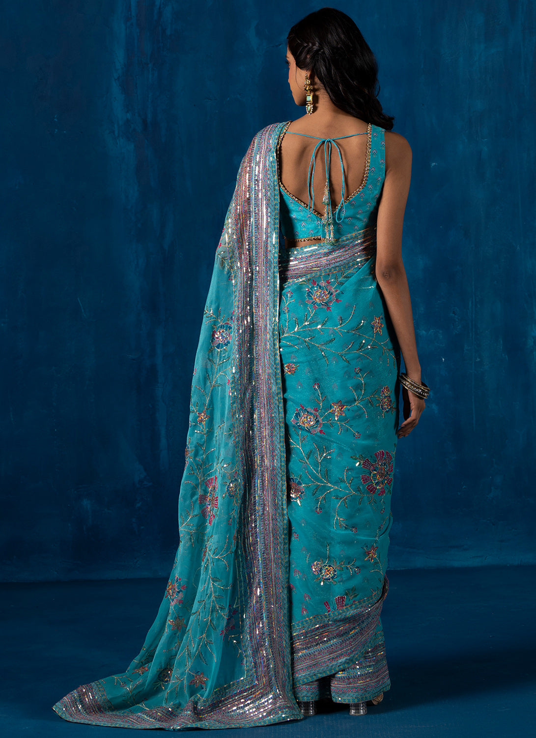 Sea Green Multicolor Embroidered Chiffon Saree