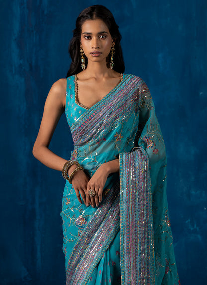 Sea Green Multicolor Embroidered Chiffon Saree