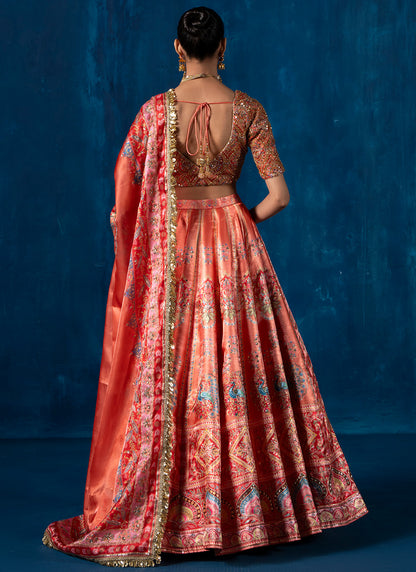 Orange Multicolor Embroidered Lehenga