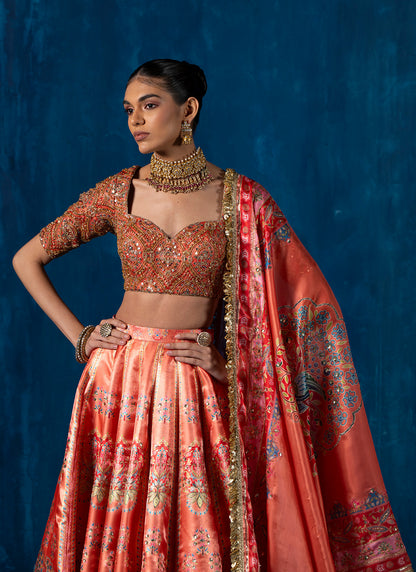 Orange Multicolor Embroidered Lehenga