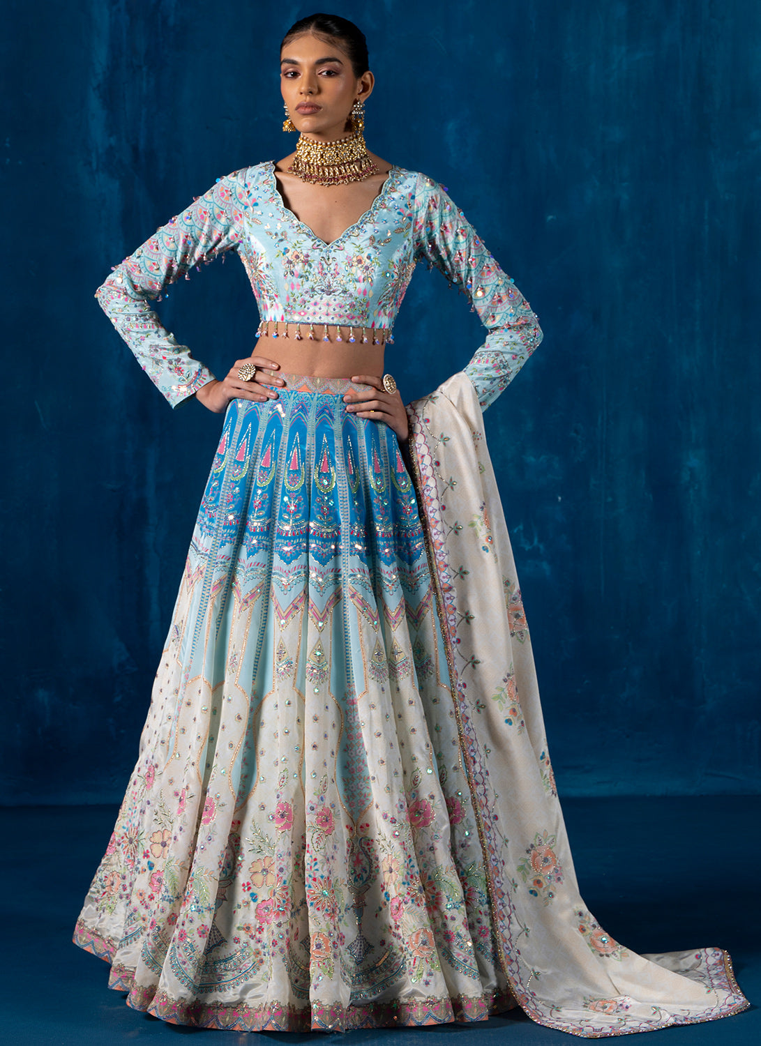 Off White and Sky Blue Multicolor Embroidered Lehenga