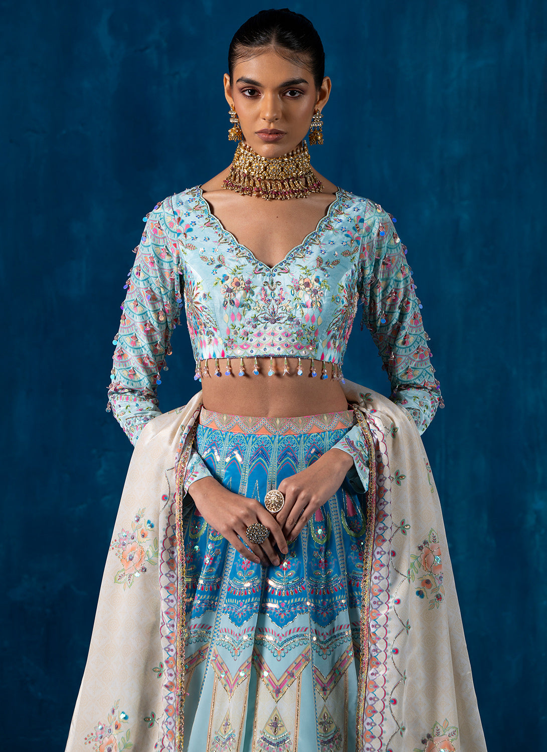 Off White and Sky Blue Multicolor Embroidered Lehenga