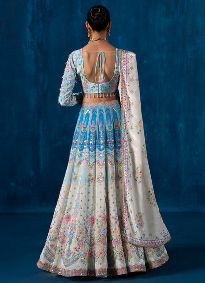 Off White and Sky Blue Multicolor Embroidered Lehenga