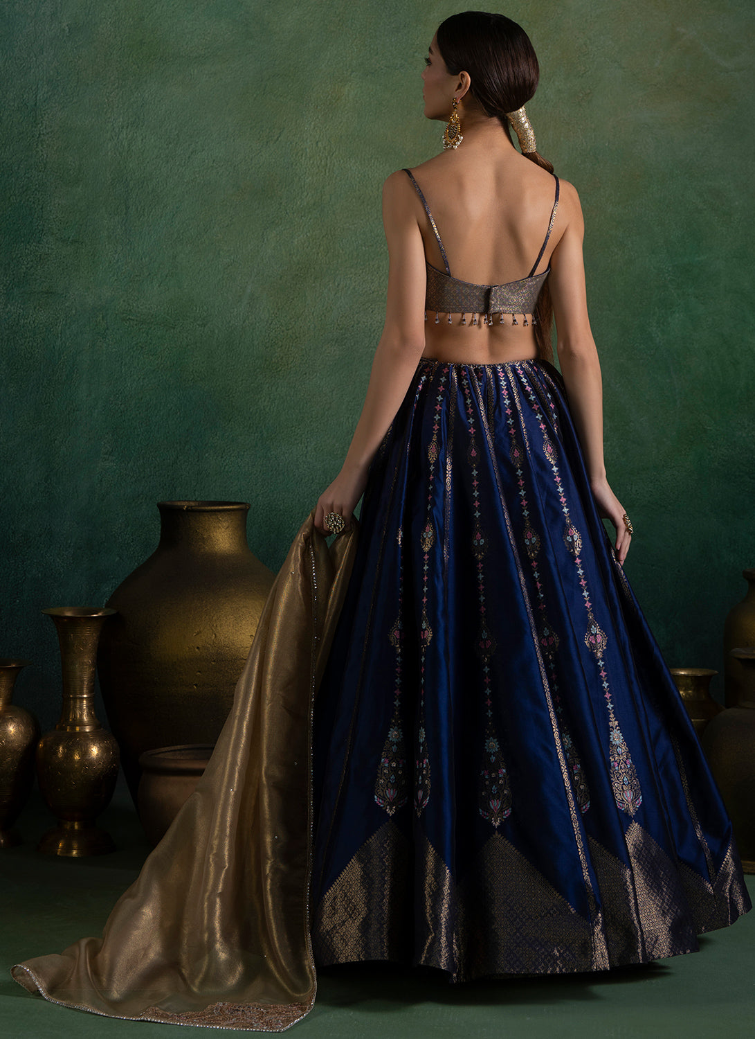 Navy Blue and Gold Embroidered Lehenga