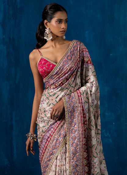 Hot Pink and Ivory Multicolor Embroidered Saree