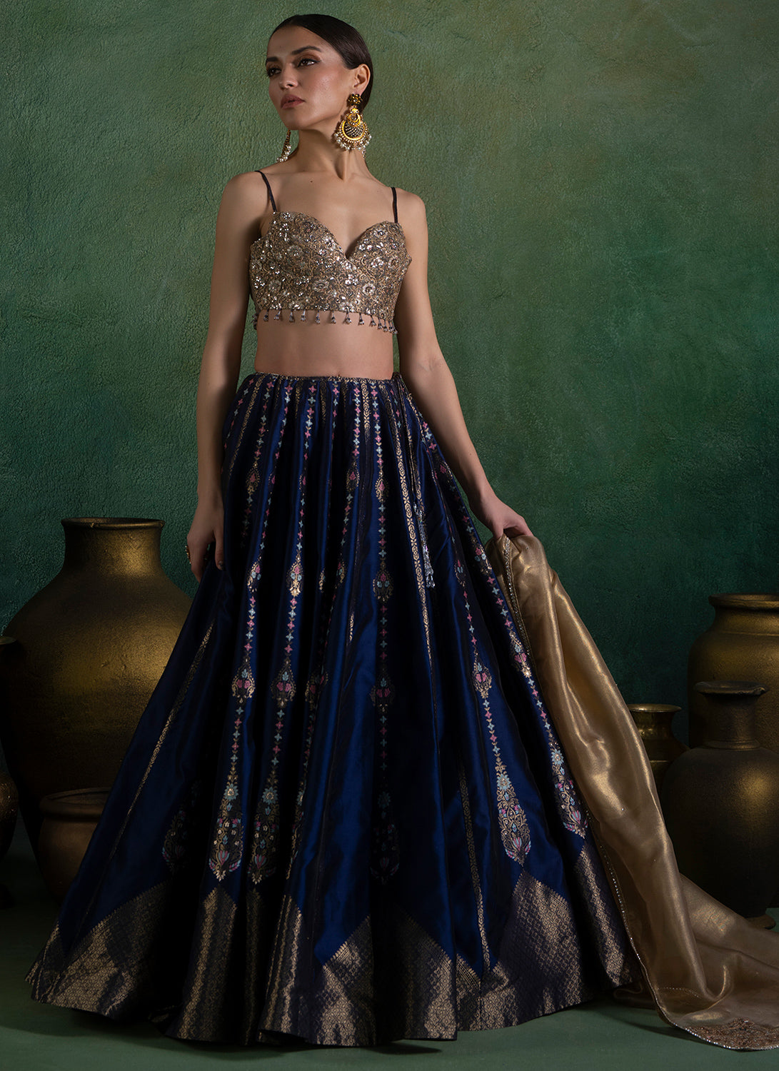 Navy Blue and Gold Embroidered Lehenga