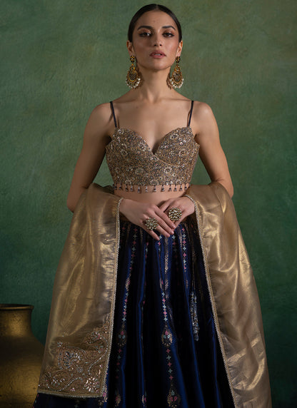 Navy Blue and Gold Embroidered Lehenga