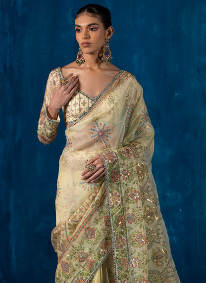 Light Yellow Embroidered Organza Saree