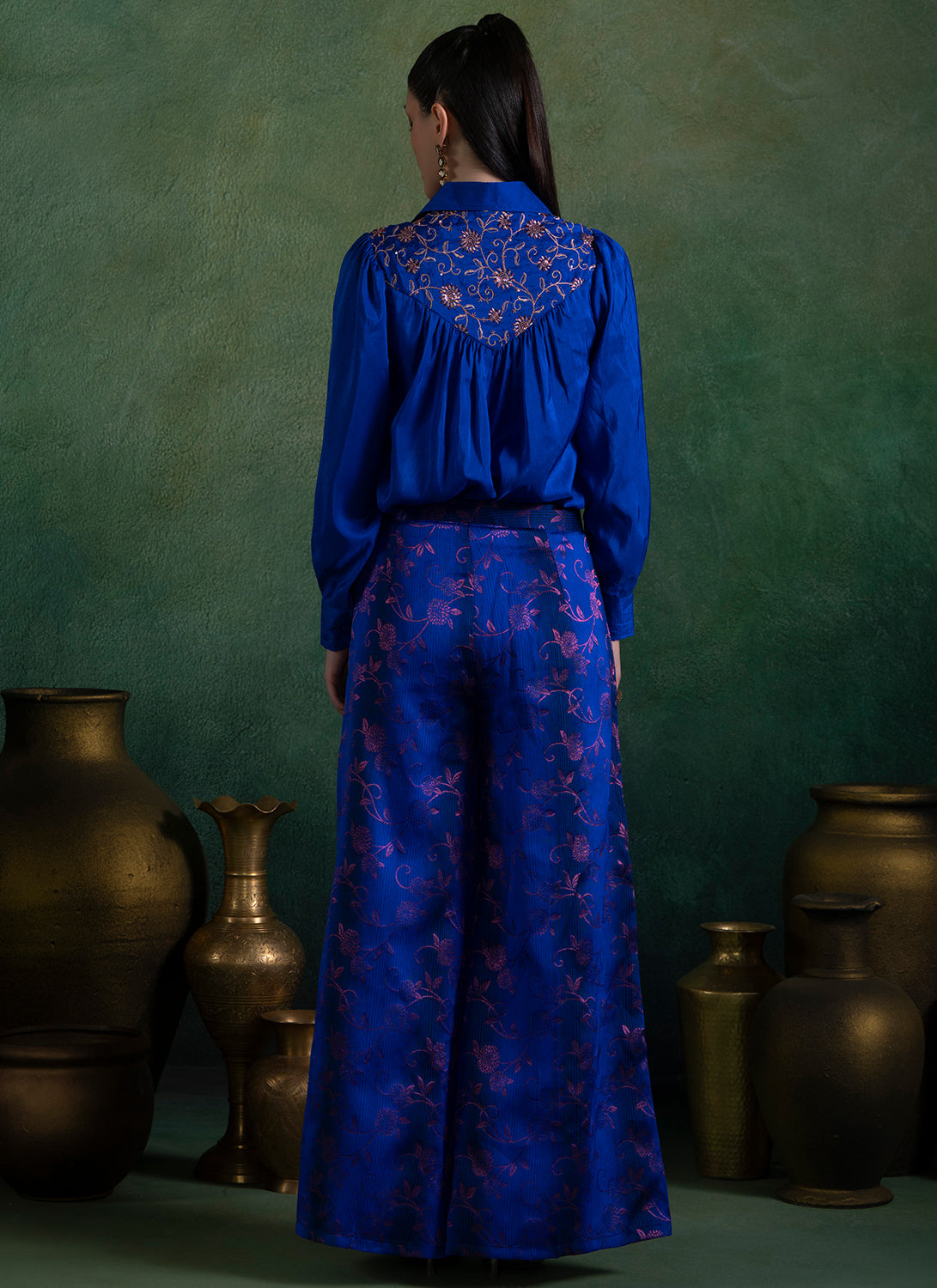 Royal Blue Embroidered Brocade Blouse and Pant Set