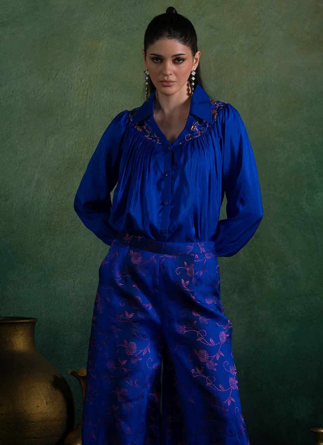 Royal Blue Embroidered Brocade Blouse and Pant Set