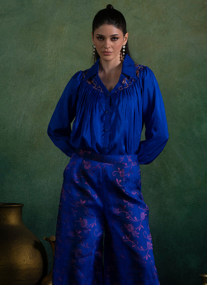 Royal Blue Embroidered Brocade Blouse and Pant Set