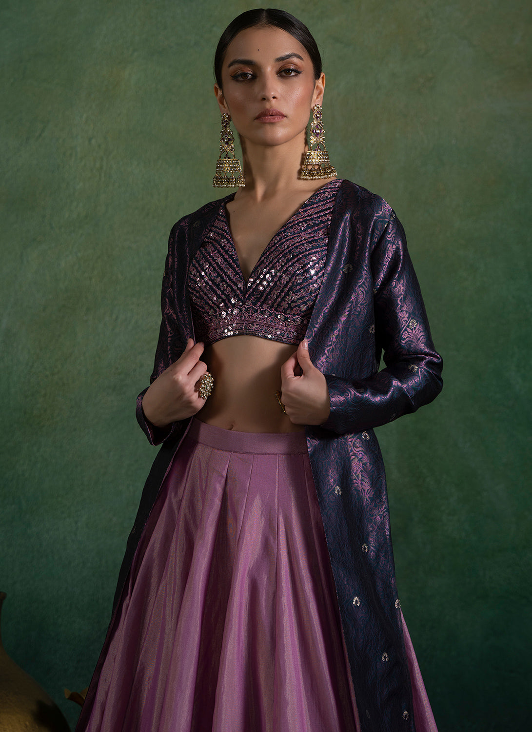 Pink and Purple Embroidered Jacket Style Lehenga