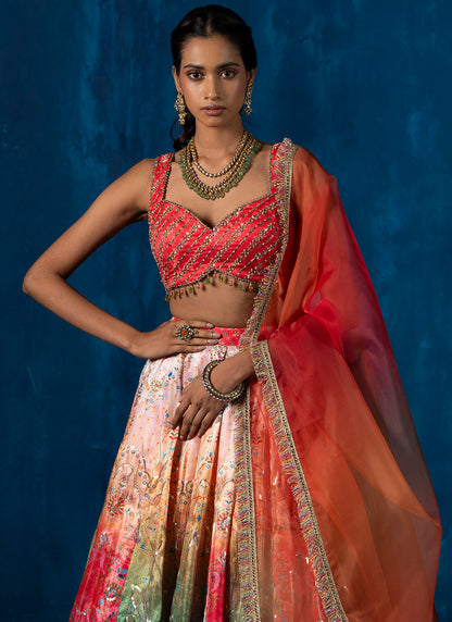 Red Multicolor Embroidered Lehenga