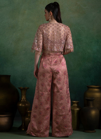 Peach Embroidered Brocade Pant Set With Jacket