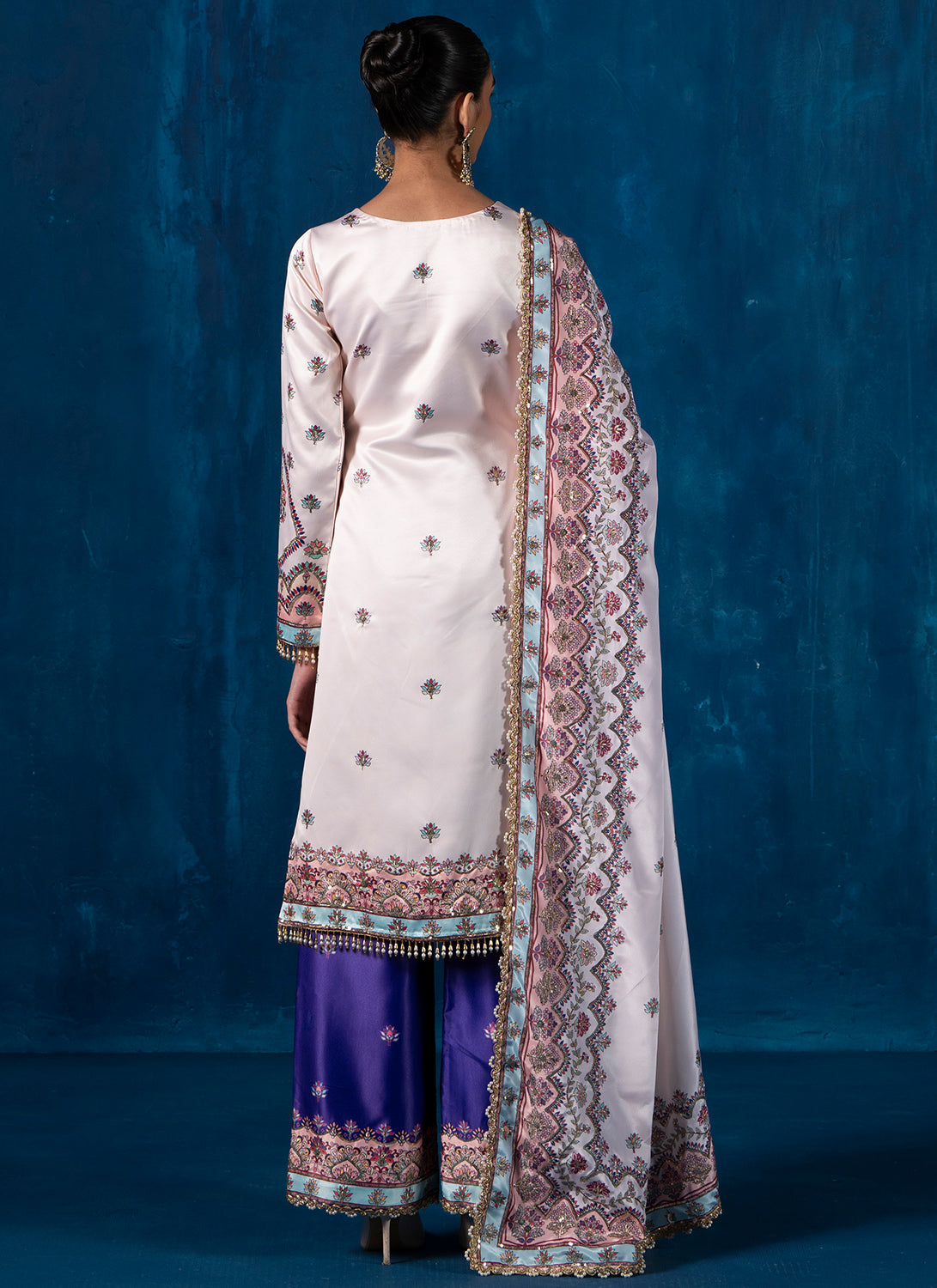 Cream Multicolor Embroidered Palazzo Suit