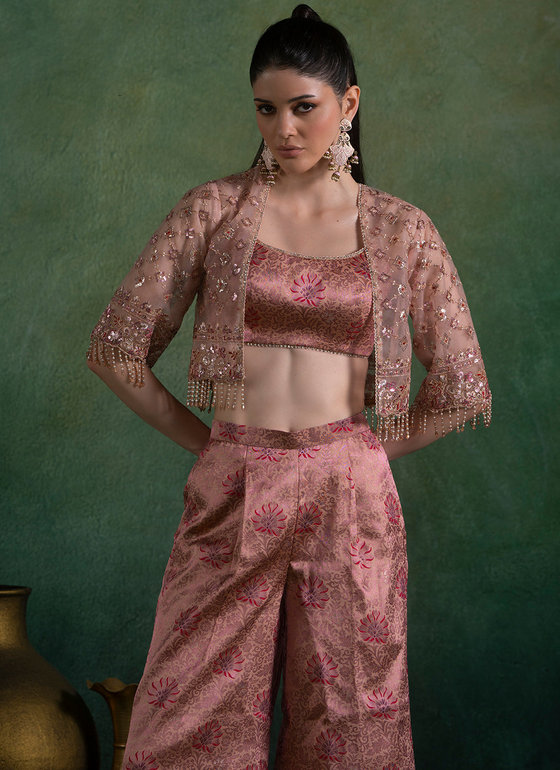 Peach Embroidered Brocade Pant Set With Jacket