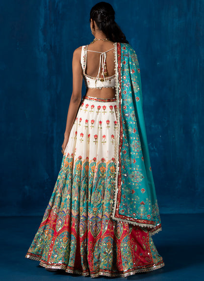 White and Teal Multicolor Embroidered Lehenga