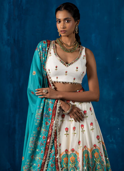 White and Teal Multicolor Embroidered Lehenga