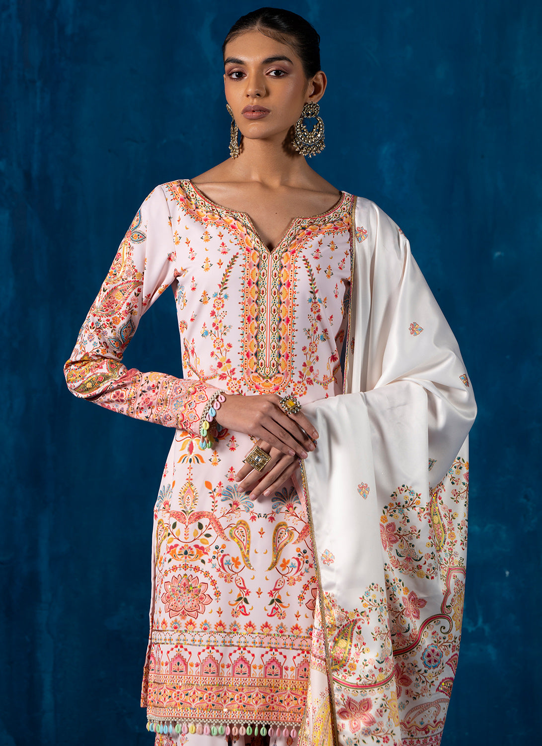 Cream Multicolor Embroidered Gharara Suit