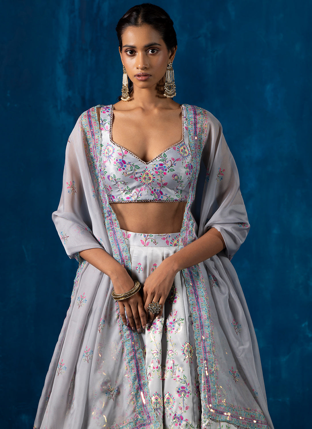 Grey Multicolor Embroidered Lehenga