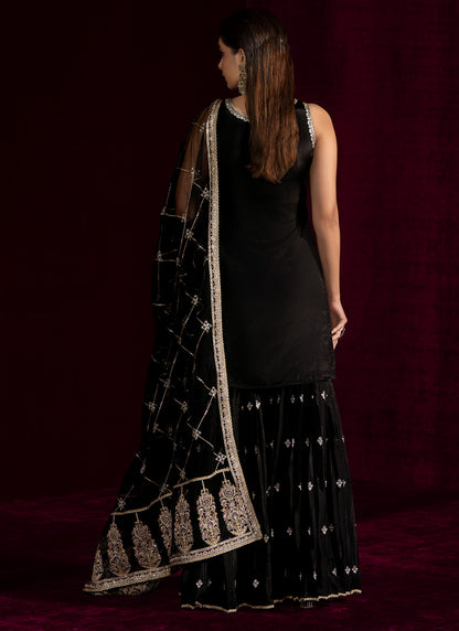 Black Embroidered Crepe Silk Gharara