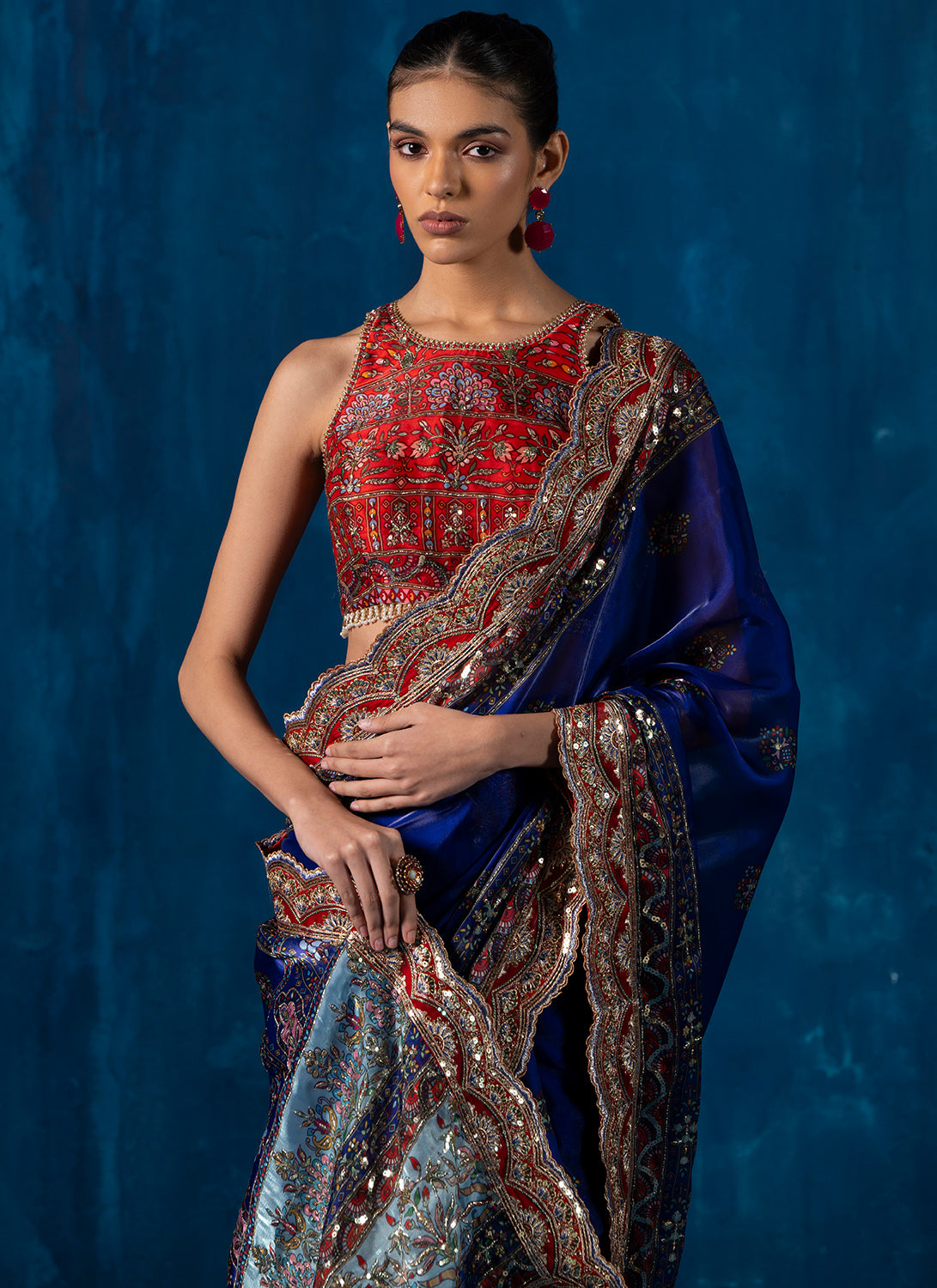 Red and Blue Embroidered Organza Saree