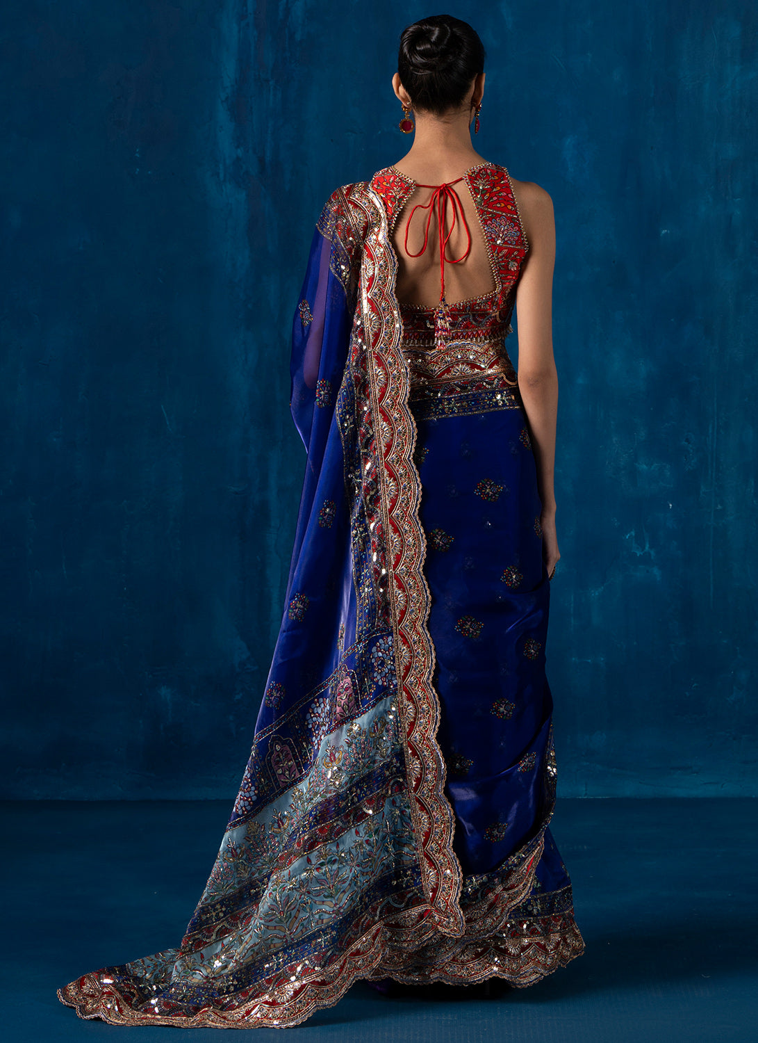 Red and Blue Embroidered Organza Saree