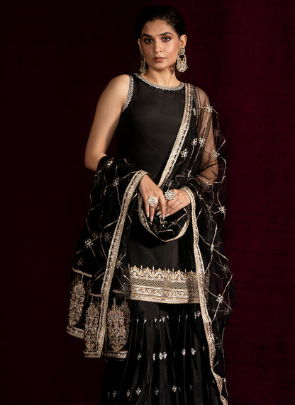 Black Embroidered Crepe Silk Gharara