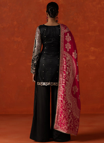 Black and Pink Embroidered Palazzo Suit