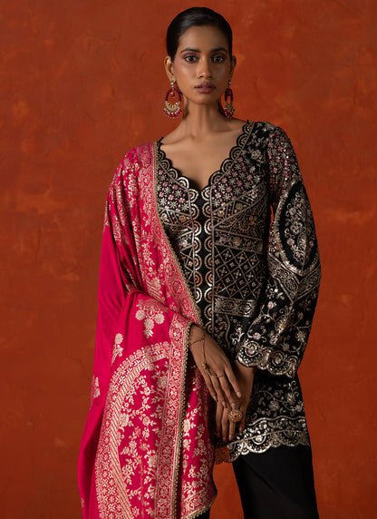 Black and Pink Embroidered Palazzo Suit