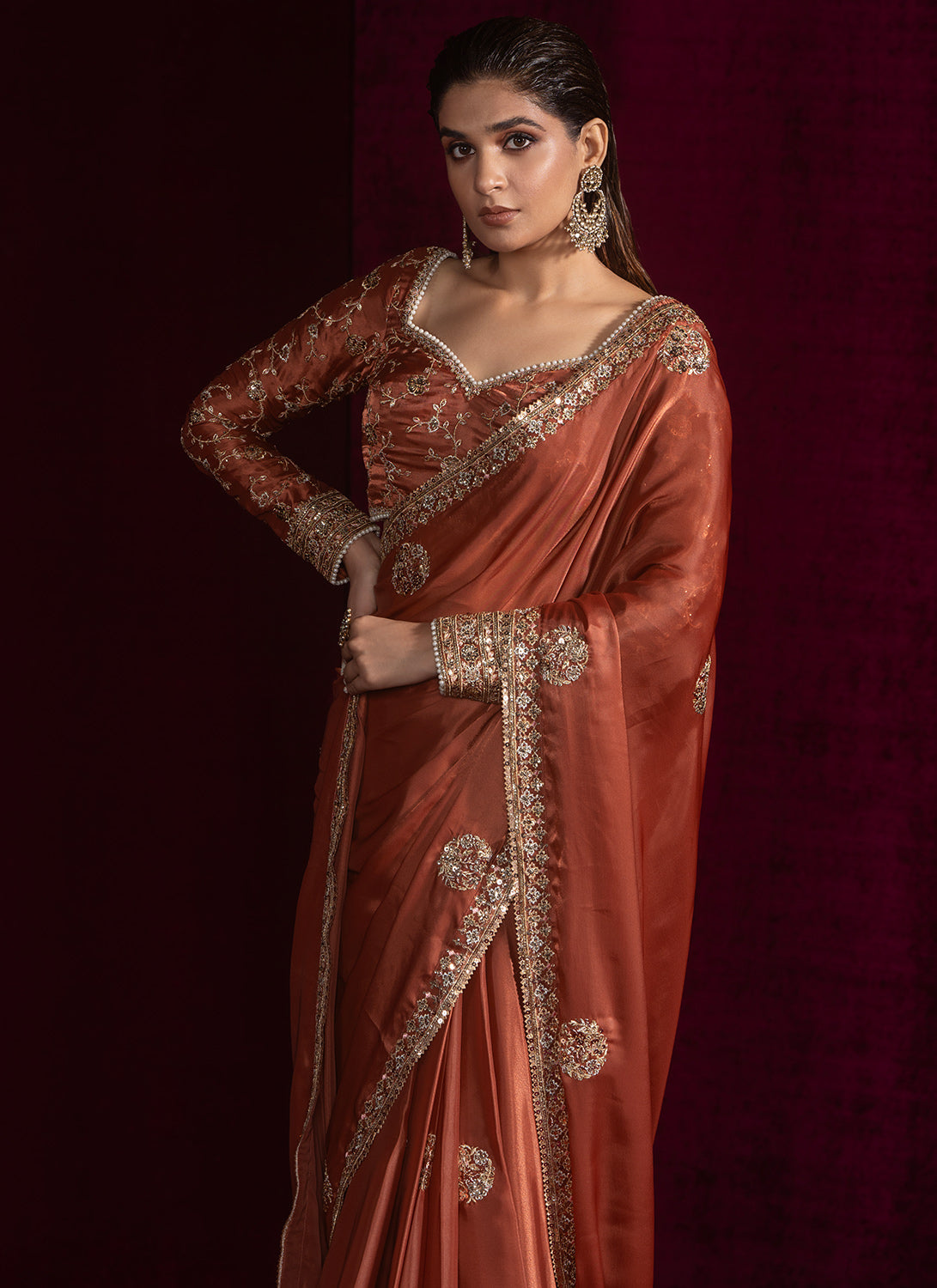 Rust Embroidered Silk Saree