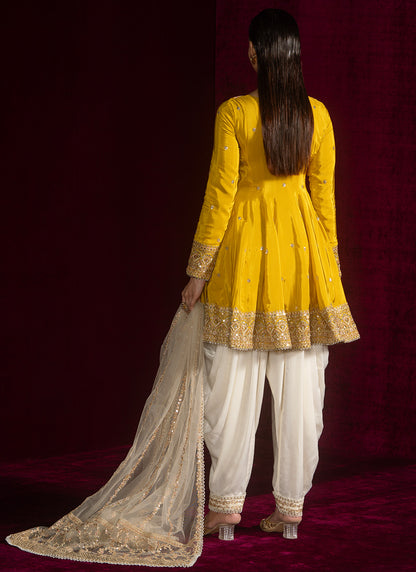 Yellow Peplum Style Embroidered Punjabi Suit