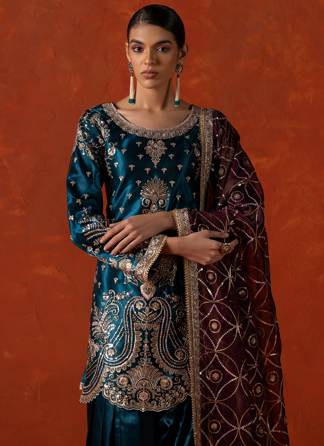 Teal Blue and Wine Embroidered Punjabi Suit