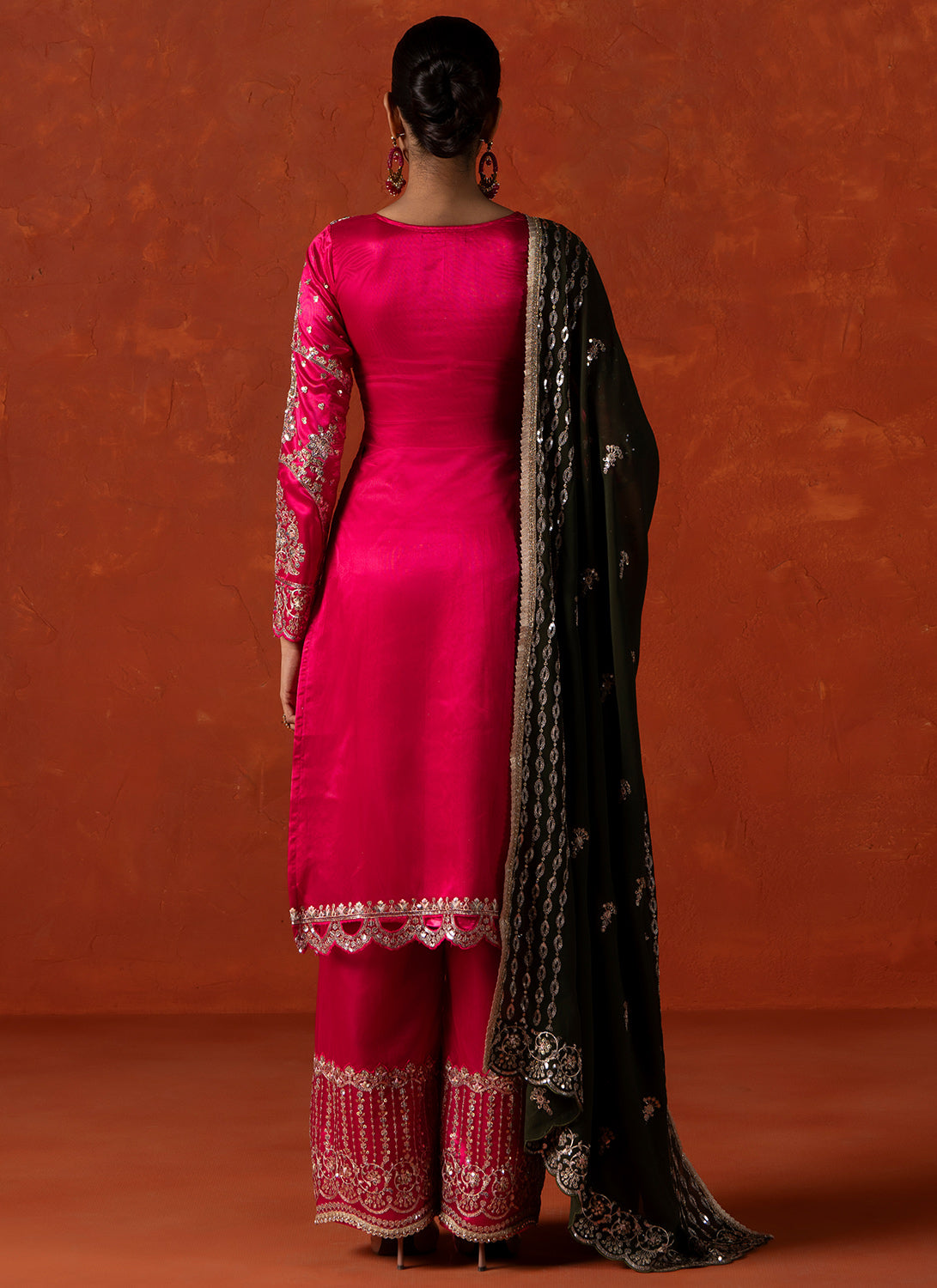 Pink and Green Embroidered Palazzo Suit