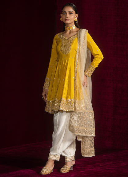 Yellow Peplum Style Embroidered Punjabi Suit