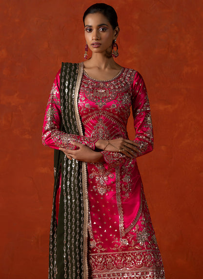 Pink and Green Embroidered Palazzo Suit