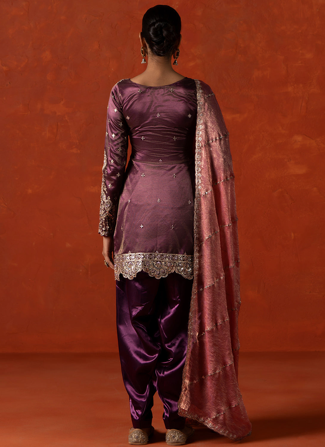 Wine Embroidered Satin Punjabi Suit