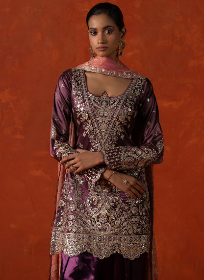 Wine Embroidered Satin Punjabi Suit