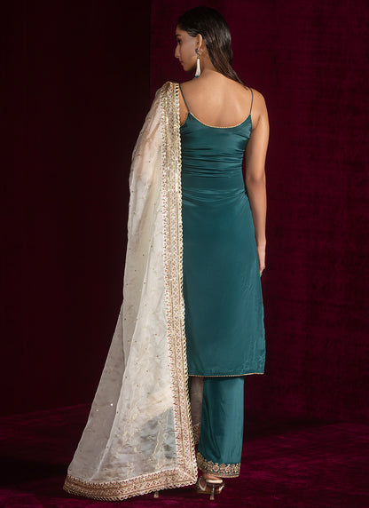 Teal Green Embroidered Crepe Palazzo Suit