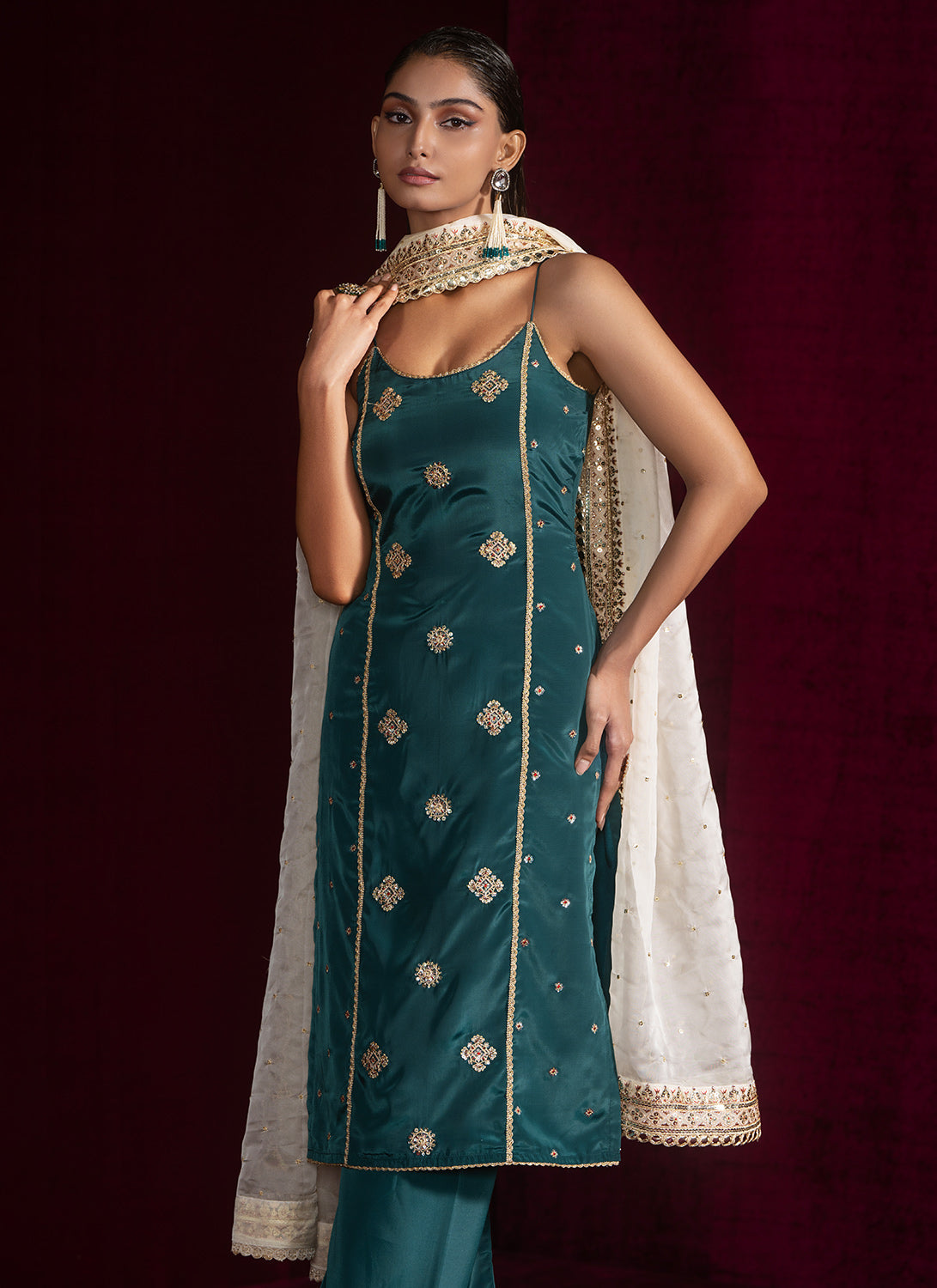 Teal Green Embroidered Crepe Palazzo Suit