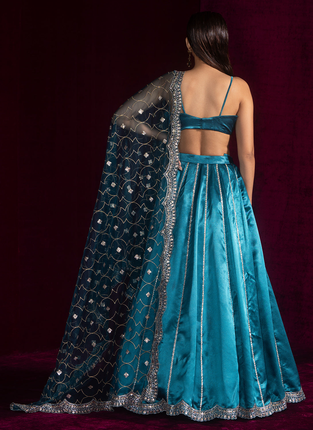 Teal Blue Embroidered Satin Lehenga