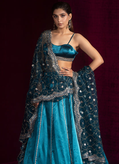 Teal Blue Embroidered Satin Lehenga