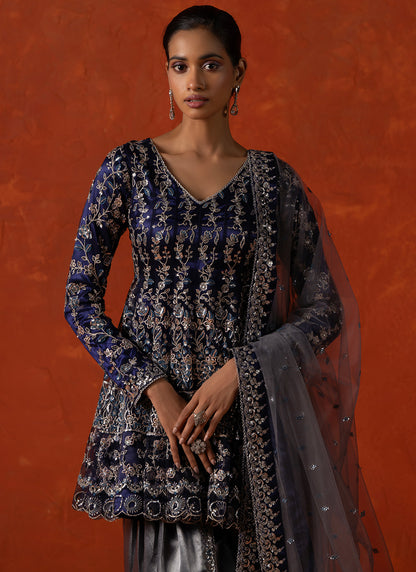 Navy Blue and Grey Embroidered Punjabi Suit