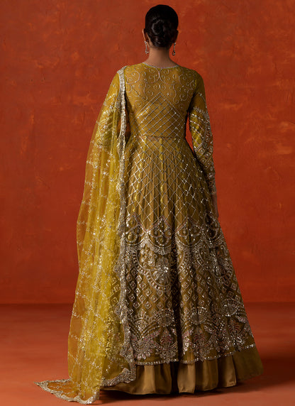 Dusty Yellow Embroidered Anarkali Style Lehenga