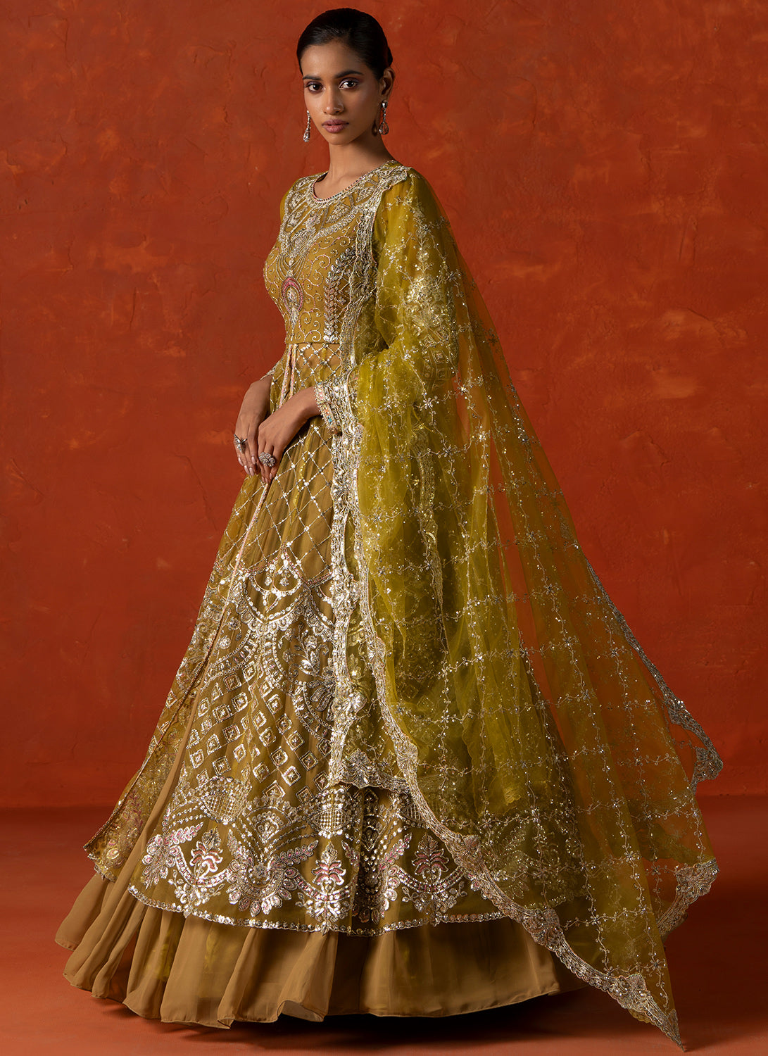 Dusty Yellow Embroidered Anarkali Style Lehenga