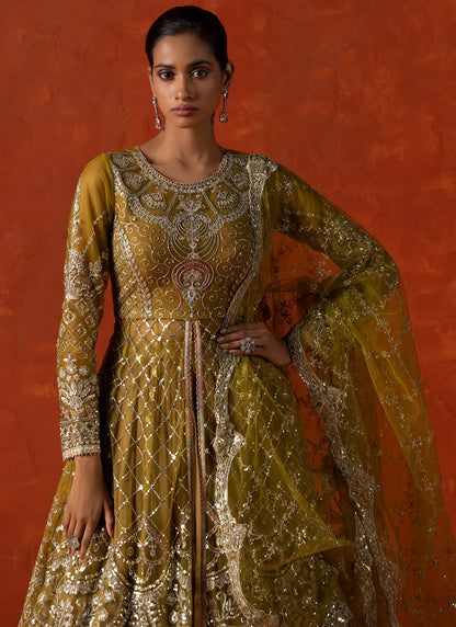 Dusty Yellow Embroidered Anarkali Style Lehenga